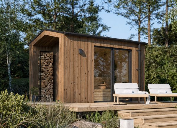 Houten sauna SERENE 1 met veranda | Thermowood – 3,44×2,64 m, 6,25 m² thumbnail 1