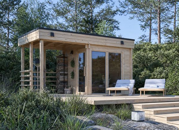 Houten sauna FREJA met overdekt terras | Massief hout – 4,54×2,54 m, 9,15 m² thumbnail 1