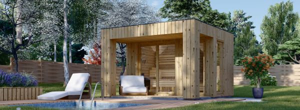 Buitensauna DELLA (34 mm + bekleding), 3,6 x 2,1 m, 5,5 m², terras 5 m²
