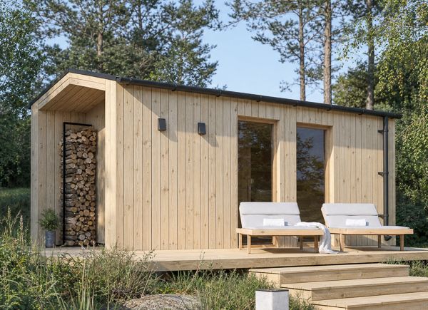 Houten sauna SERENE 3 met omkleedruimte & veranda | Natuurlijk grenen – 5,44×2,64 m, 10,65 m² thumbnail 1