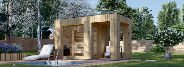 Buitensauna DELLA (34 mm + gevelbekleding), 2,6 x 2,1 m, 3,8 m², terras 3 m²
