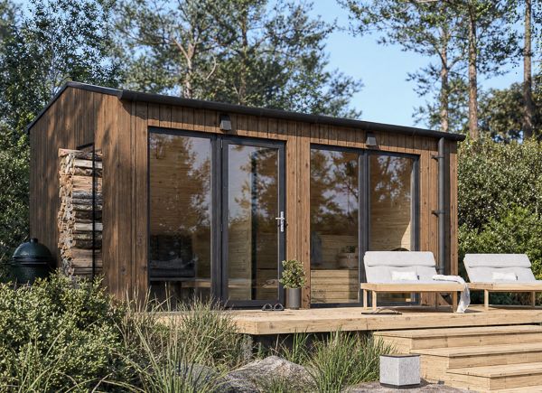 Houten sauna SERENE 2 met omkleedruimte | Thermowood – 4,64×2,64 m, 9,35 m² thumbnail 1