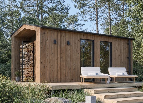 Houten sauna SERENE 3 met omkleedruimte & veranda | Thermowood – 5,44×2,64 m, 10,65 m² thumbnail 1