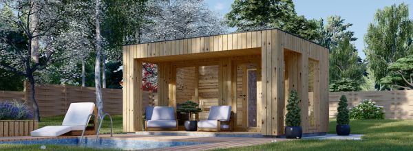 Buitensauna met kleedkamer DELLA (34 mm + gevelbekleding), 4,6 x 2,1 m, 7,2 m², terras 6,7 m²