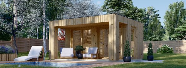 Buitensauna met kleedkamer DELLA (34 mm + gevelbekleding), 4,6 x 2,6 m, 9,3 m², terras 6,7 m²
