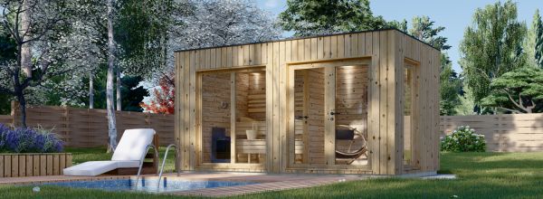 Buitensauna met kleedkamer DELLA (34 mm + gevelbekleding), 4,6 x 2,6 m, 9,3 m²