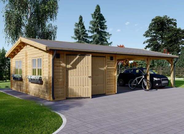 Houten garage MULTI (44 mm), 4x6 m met dubbele carport 5,5x6 m avp.ui.product_images.thumbnail 1
