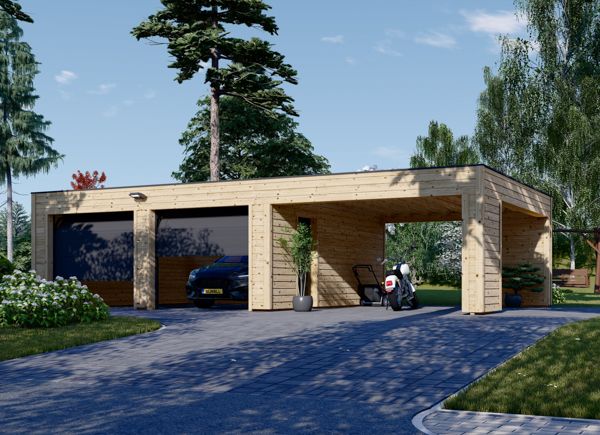 Dubbele houten garage SILVIA F (34 mm + gevelbekleding), 6x6 m, met carport 4x6 m avp.ui.product_images.thumbnail 1