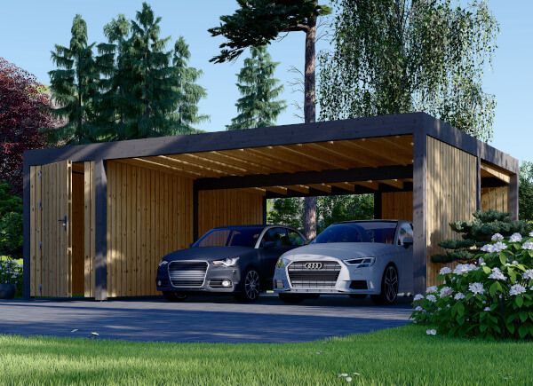 Dubbele houten carport LUNA DUO F PLUS met berging en zijwand, 7,6x5,6 m avp.ui.product_images.thumbnail 1