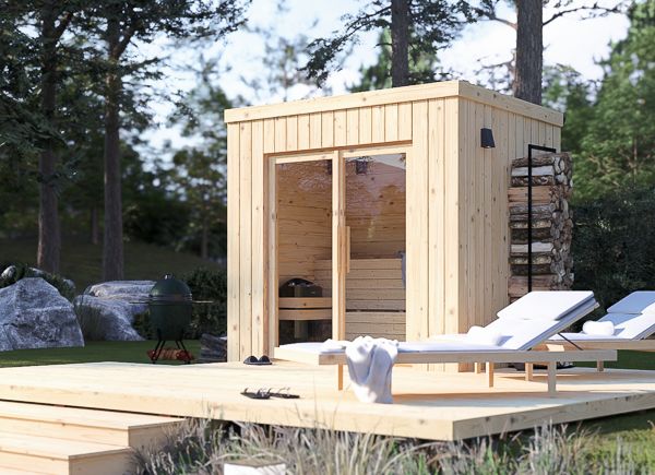 Houten sauna OKO 2 (natuurlijk grenen) – 2,3×1,6 m, 2,7 m² thumbnail 1