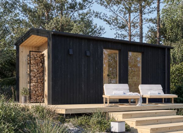 Houten sauna SERENE 3 met omkleedruimte & veranda | Verbrand hout + natuurlijk grenen – 5,44×2,64 m, 10,65 m² thumbnail 1