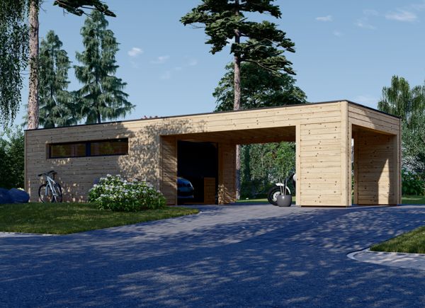 Houten garage SILVIA F (34 mm + gevelbekleding), 4x6 m, met carport (recht voor de garage) 4x6 m avp.ui.product_images.thumbnail 1