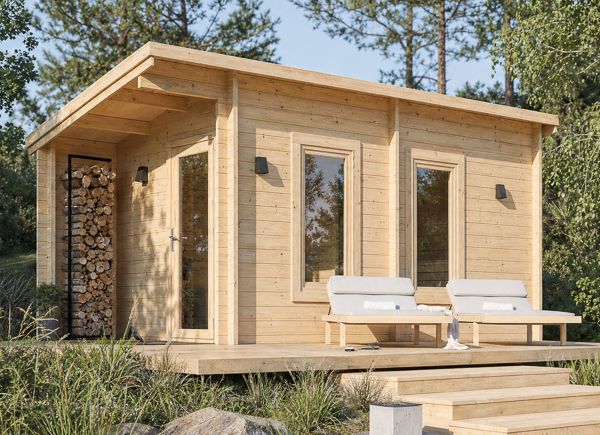Houten sauna VIGOR 3 met omkleedruimte & veranda | Massief hout – 5,30×2,50 m, 10,95 m² thumbnail 1