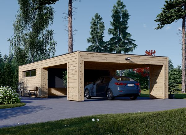 Dubbele houten garage SILVIA F (34 mm + gevelbekleding), 6x6 m, met carport (recht voor de garage) 6x6 m avp.ui.product_images.thumbnail 1