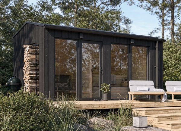 Houten sauna SERENE 2 met omkleedruimte | Verbrand hout – 4,64×2,64 m, 9,35 m² thumbnail 1