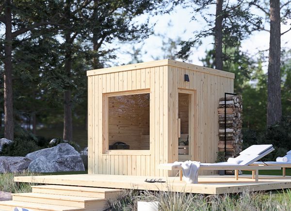 Houten sauna OKO 1 (natuurlijk grenen) – 2,3×2,3 m, 4,1 m² thumbnail 1