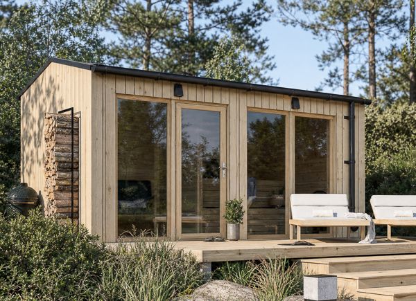 Houten sauna SERENE 2 met omkleedruimte | Natuurlijk grenen – 4,64×2,64 m, 9,35 m² thumbnail 1