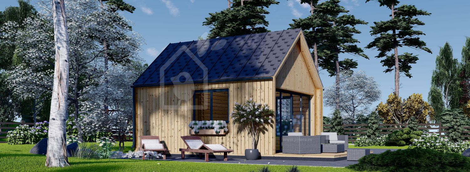Prefab houten tuinhuis SALLY (Geïsoleerd PLUS, 44 mm + gevelbekleding), 20 m² visualisatie 1