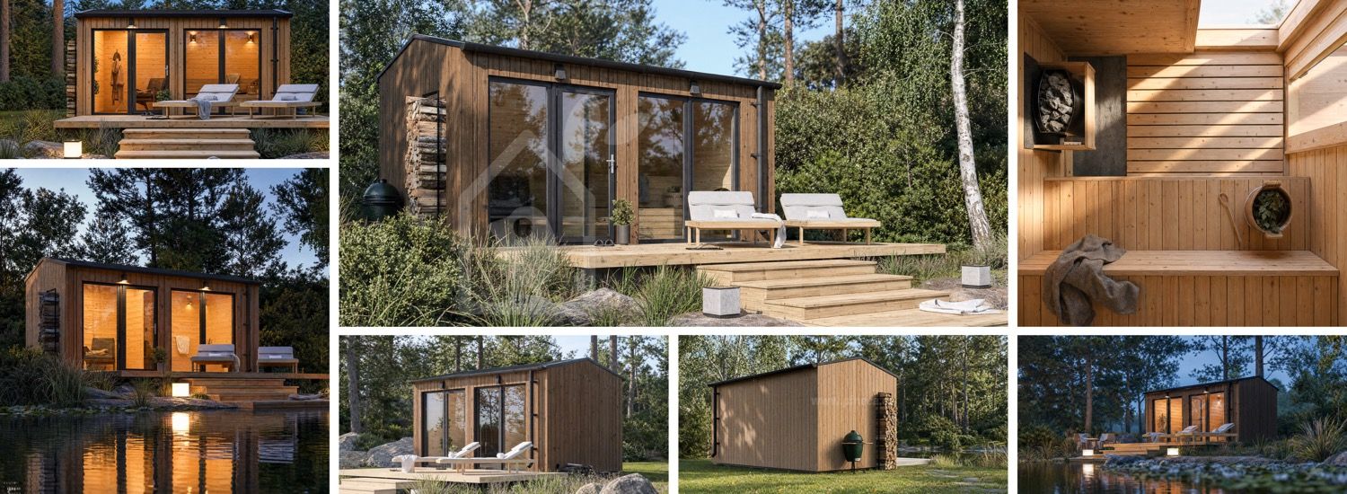 Houten sauna SERENE 2 met omkleedruimte (Thermowood) – 4,5×2,5 m, 9,35 m² visualisatie 1