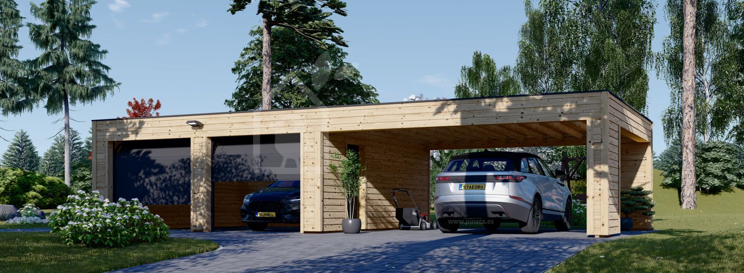 Dubbele houten garage SILVIA F (34 mm + gevelbekleding), 6x6 m, met carport 6x6 m visualisatie 1