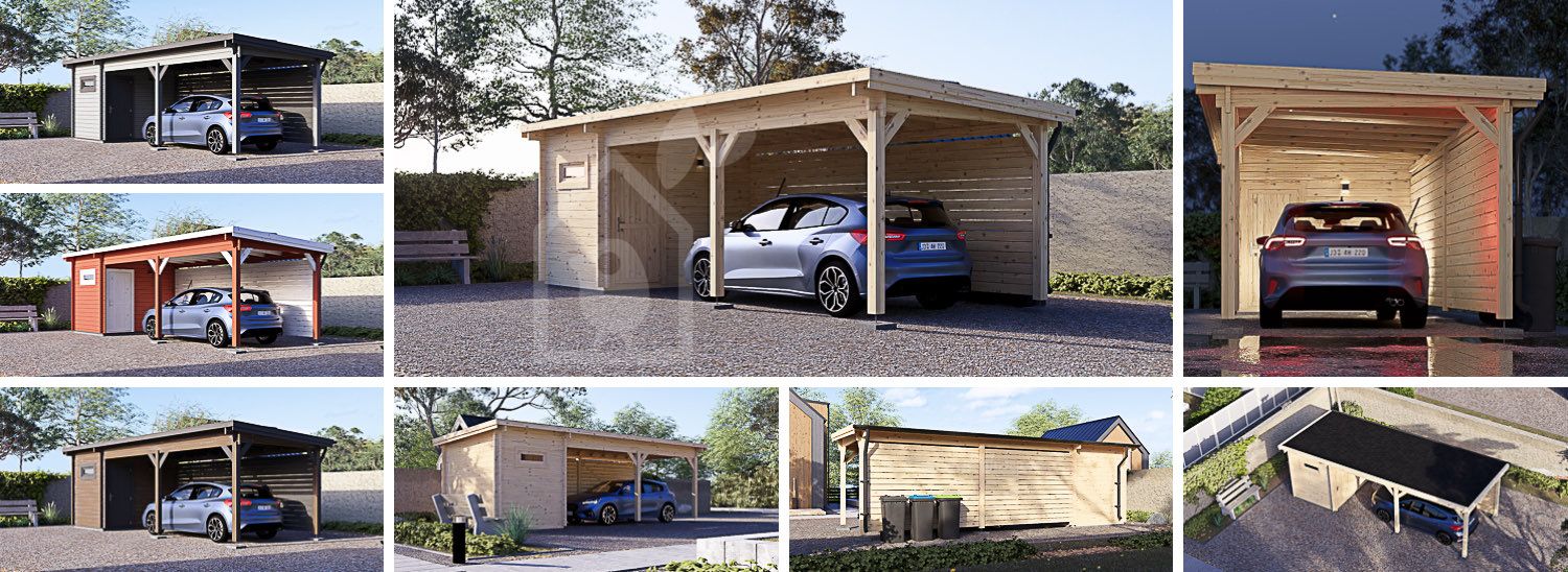Houten carport MODERN met berging, 8x3 m visualisatie 1