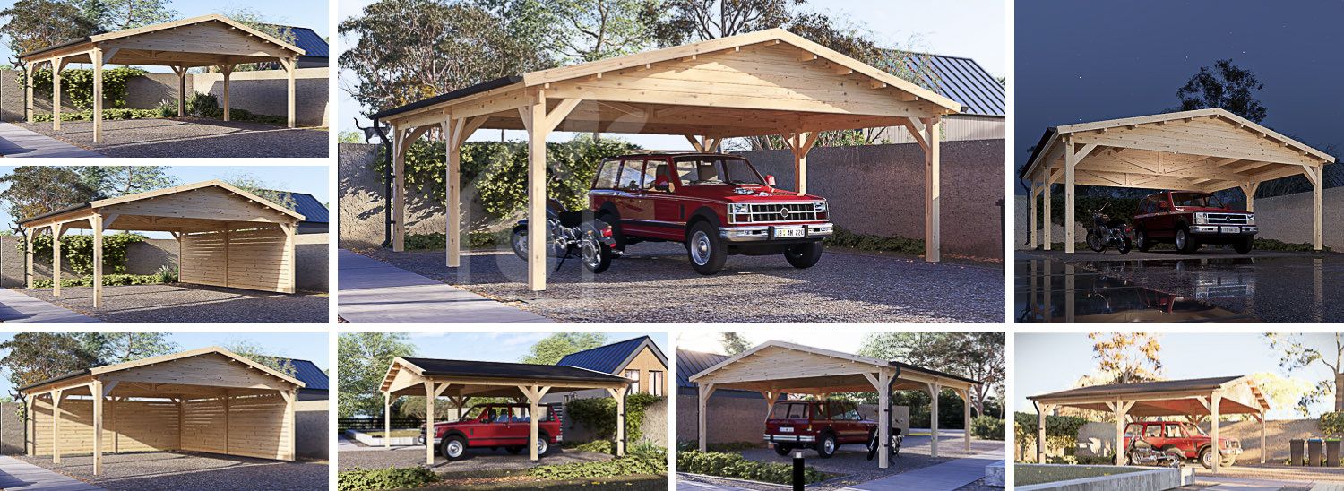 Dubbele houten carport CLASSIC DUO, 6x6 m visualisatie 1