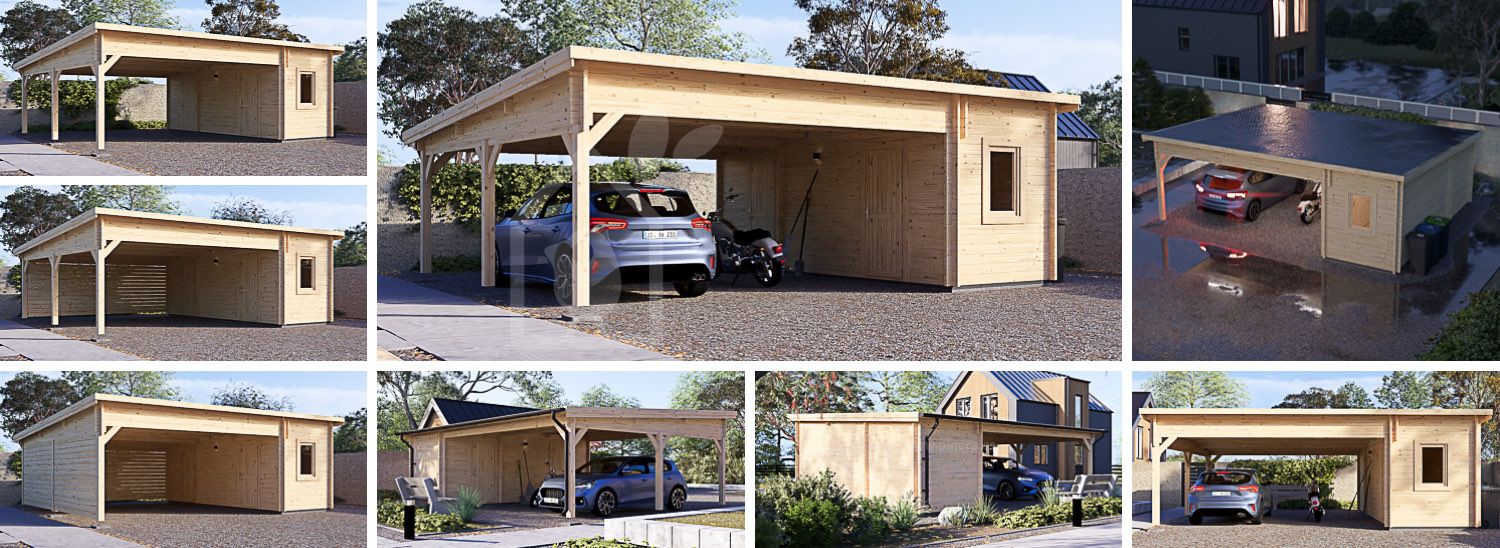 Houten carport MODERN DUO met berging, 5.95x7.5 m visualisatie 1