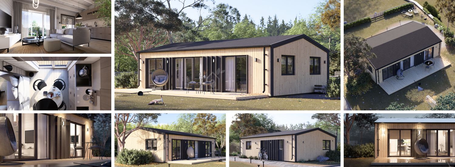 Houten huis SELENE (Geisoleerd, 44 mm + gevelbekleding), 54 m² visualisatie 1
