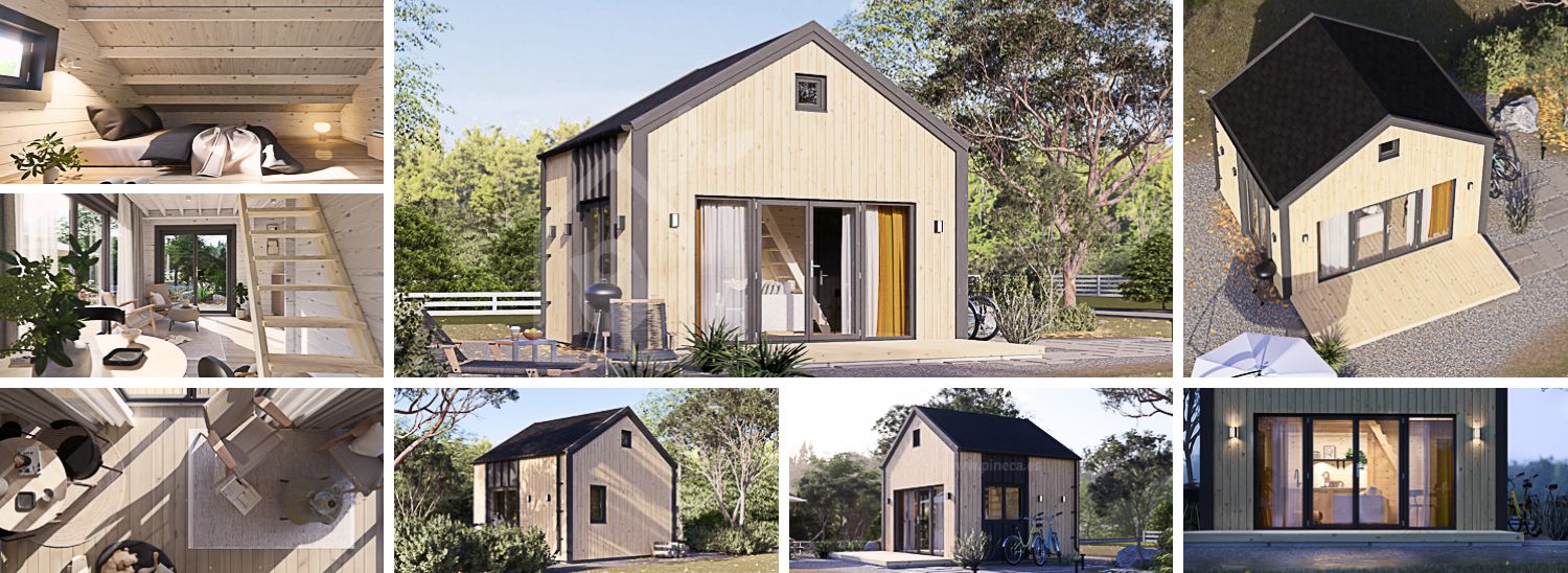 Prefab houten tuinhuis SARA (Geïsoleerd, 34 mm + gevelbekleding), 20 m² met 15 m² zolder visualisatie 1