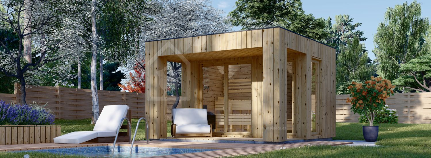 Buitensauna DELLA (34 mm + bekleding), 3,6 x 2,1 m, 5,5 m², terras 5 m² visualisatie 1