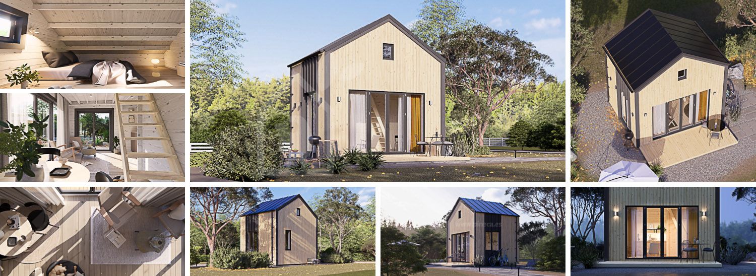 Prefab houten tuinhuis SARA RV (Geïsoleerd, Bbl), 20 m² met 15 m² zolder visualisatie 1