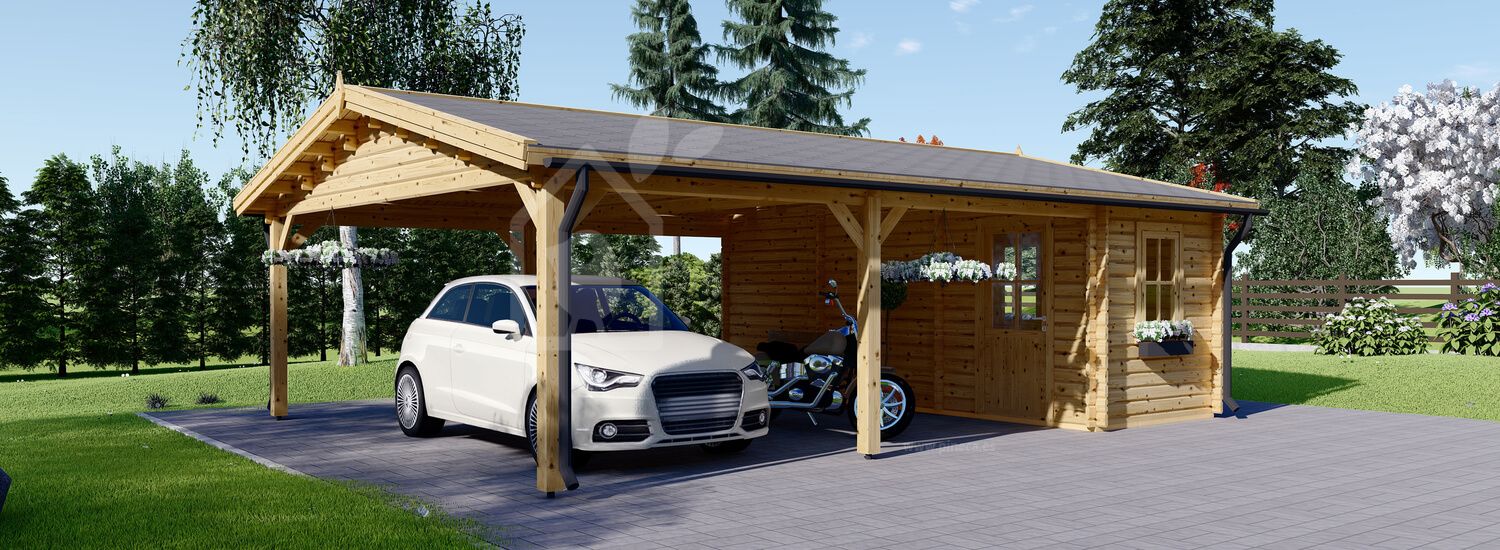 Dubbele houten carport 5,5x6 m met berging 2x6 m visualisatie 1