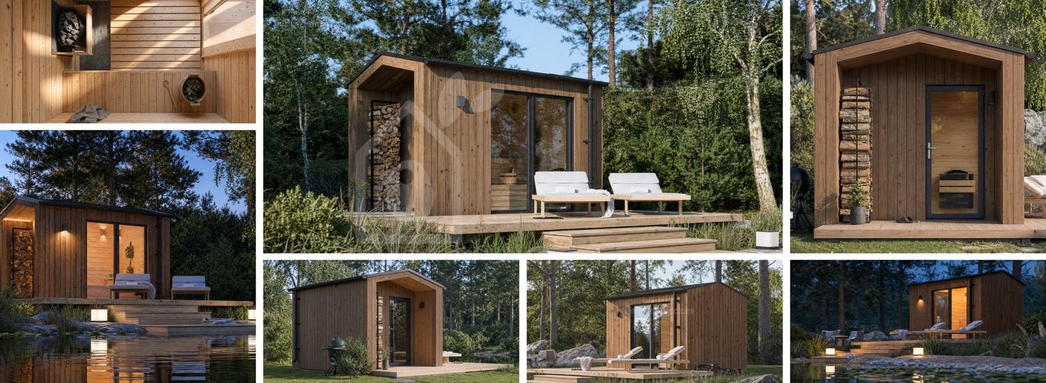Houten sauna SERENE 1 met veranda (Thermowood) – 3,3×2,5 m, 6,25 m² visualisatie 1