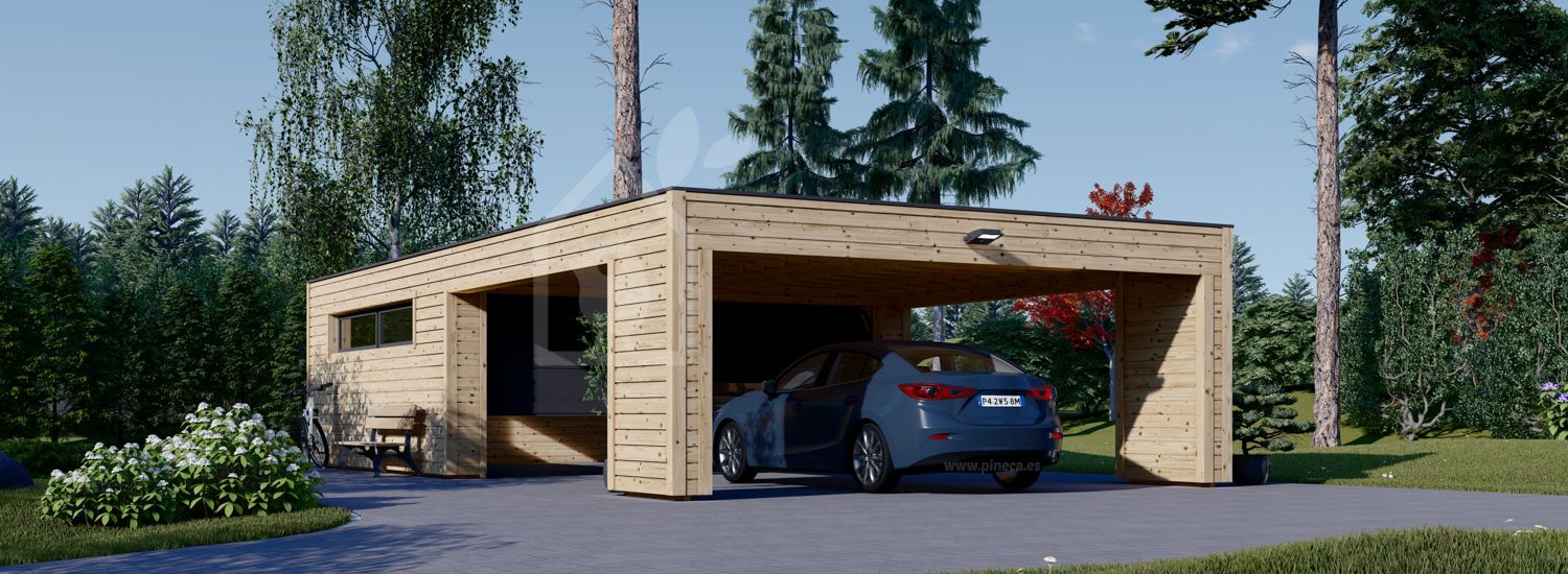 Dubbele houten garage SILVIA F (34 mm + gevelbekleding), 6x6 m, met carport (recht voor de garage) 6x6 m visualisatie 1