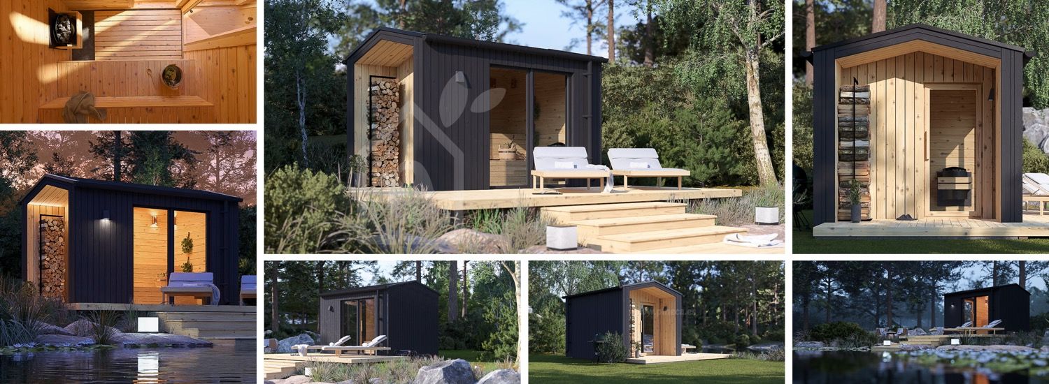 Buitensauna SERENE (34 mm + gevelbekleding), 3.3x2.5 m, 4.95 m² visualisatie 1