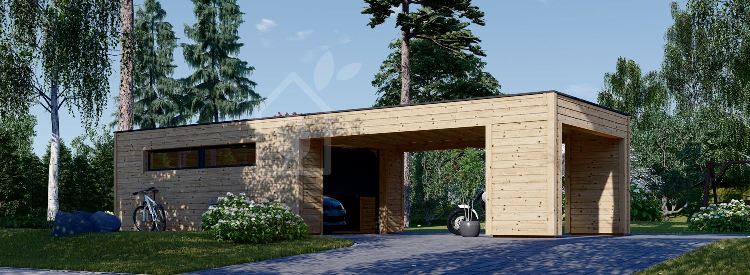 Houten garage SILVIA F (34 mm + gevelbekleding), 4x6 m, met carport (recht voor de garage) 4x6 m visualisatie 1