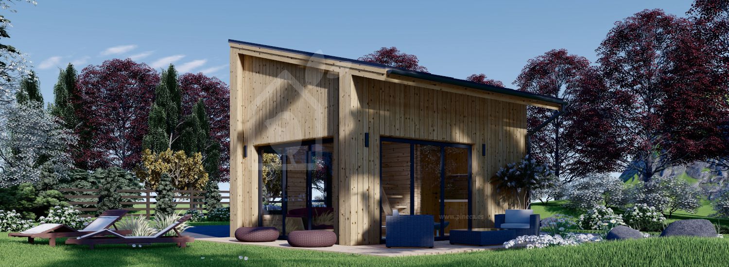 Prefab houten tuinhuis SOPHIA (44 mm + gevelbekleding), 20 m² met 15 m² zolder visualisatie 1