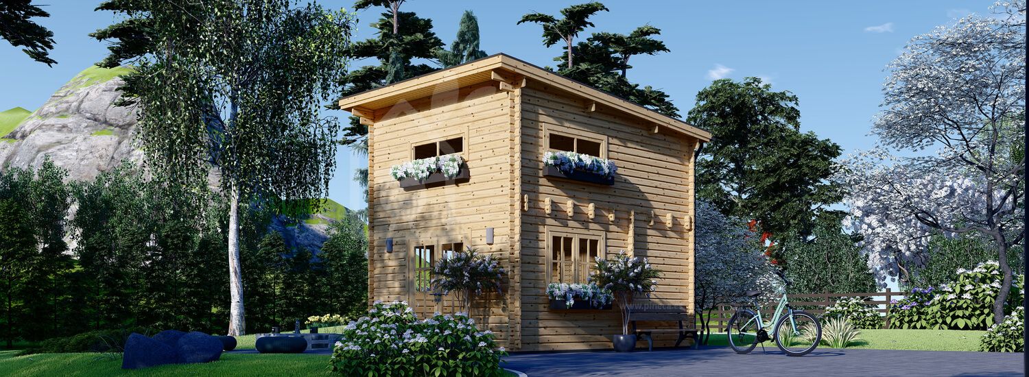 Tuinhuis blokhut met plat dak AVIGNON F (Geïsoleerd, 44+44 mm), 20 m² met 16 m² zolder visualisatie 1
