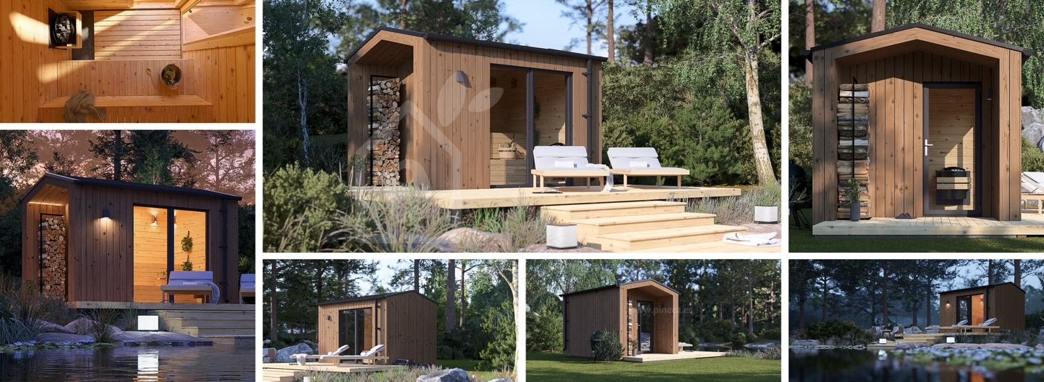 Buitensauna SERENE (34 mm + gevelbekleding), 3.3x2.5 m, 4.95 m² visualisatie 1