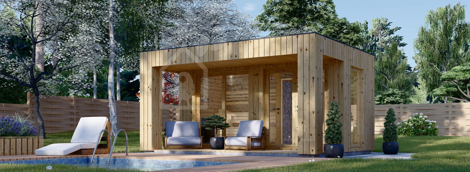 Buitensauna met kleedkamer DELLA (34 mm + gevelbekleding), 4,6 x 2,1 m, 7,2 m², terras 6,7 m² visualisatie 1