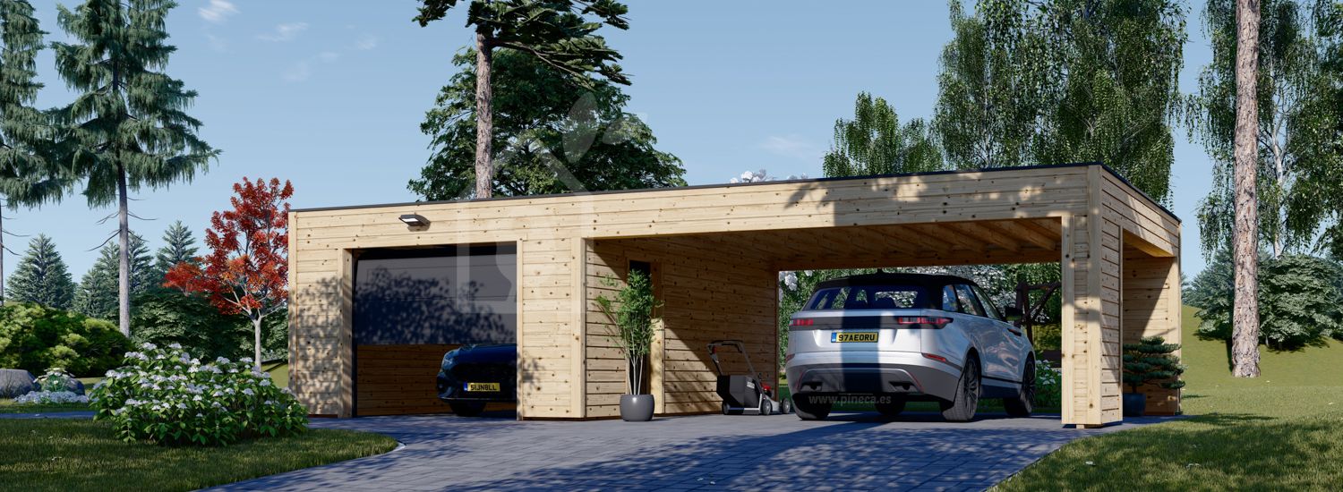 Houten garage SILVIA F (34 mm + gevelbekleding), 4x6 m, met carport 6x6 m visualisatie 1