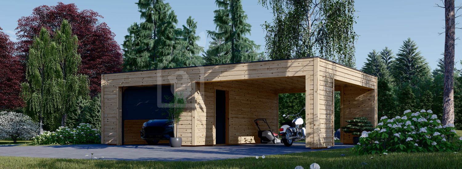 Houten garage SILVIA F (34 mm + gevelbekleding), 4x6 m, met carport 4x6 m visualisatie 1