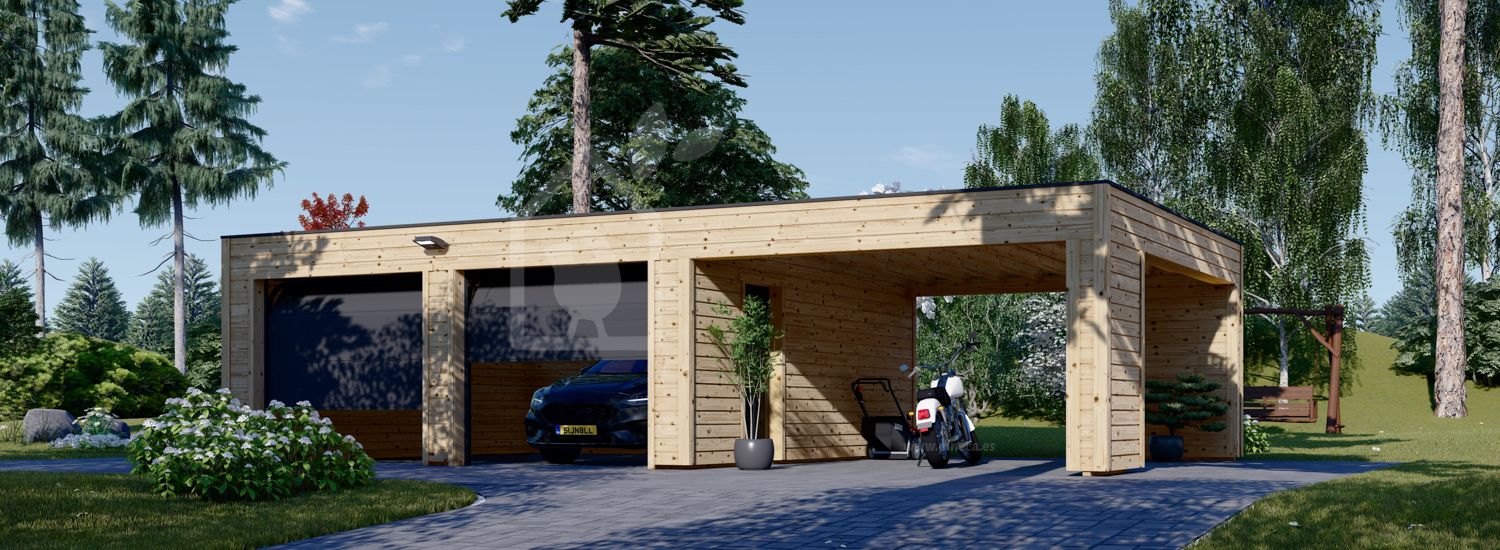 Dubbele houten garage SILVIA F (34 mm + gevelbekleding), 6x6 m, met carport 4x6 m visualisatie 1