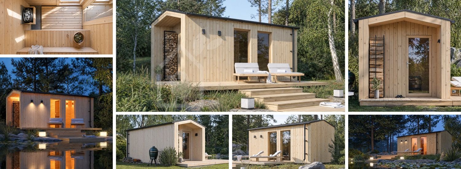 Houten sauna SERENE 3 met omkleedruimte & veranda (natuurlijk grenen) – 5,3×2,5 m, 10,65 m² visualisatie 1