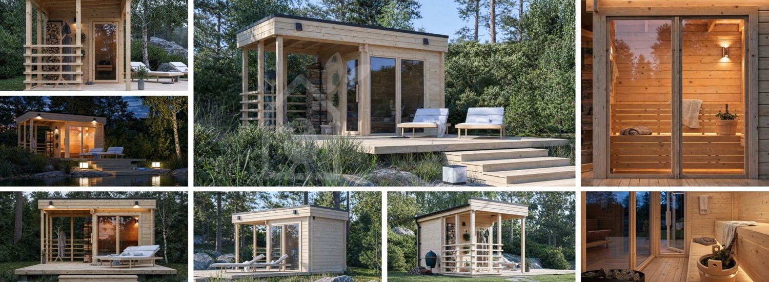 Houten sauna FREJA met overdekt terras (massief hout) – 4,5×2,5 m, 9,15 m² visualisatie 1