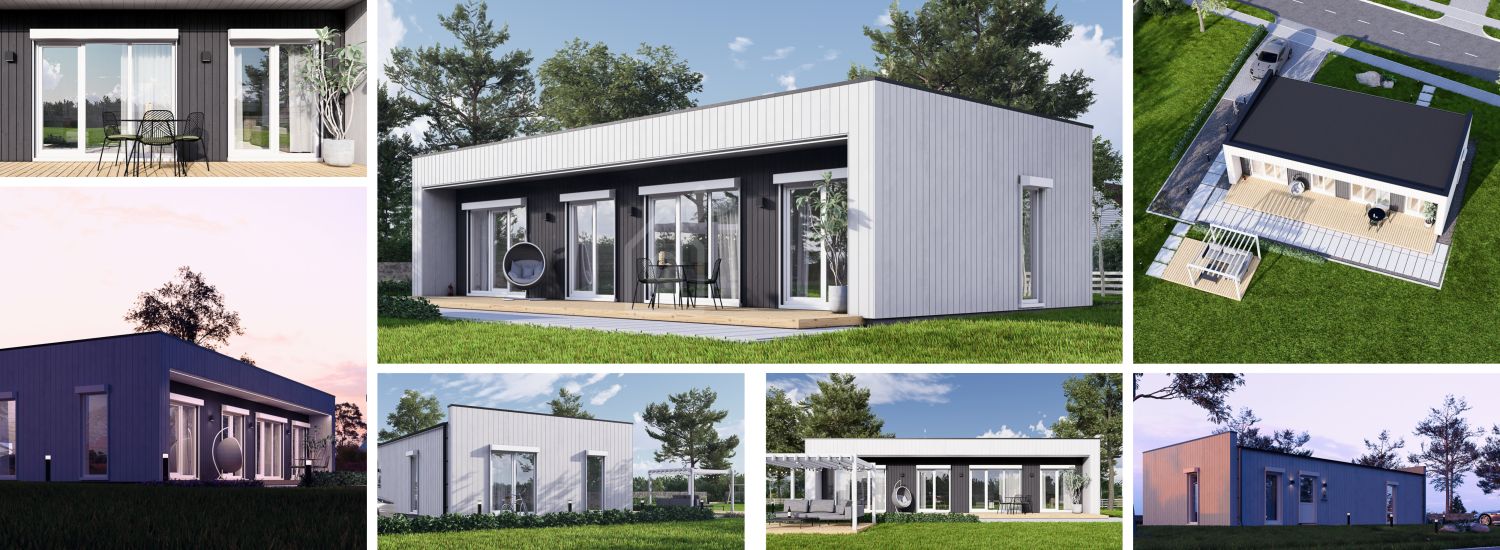 Houten prefab woning KAYA 3 PV S (44 mm + gevelbekleding), 70 m² visualisatie 1