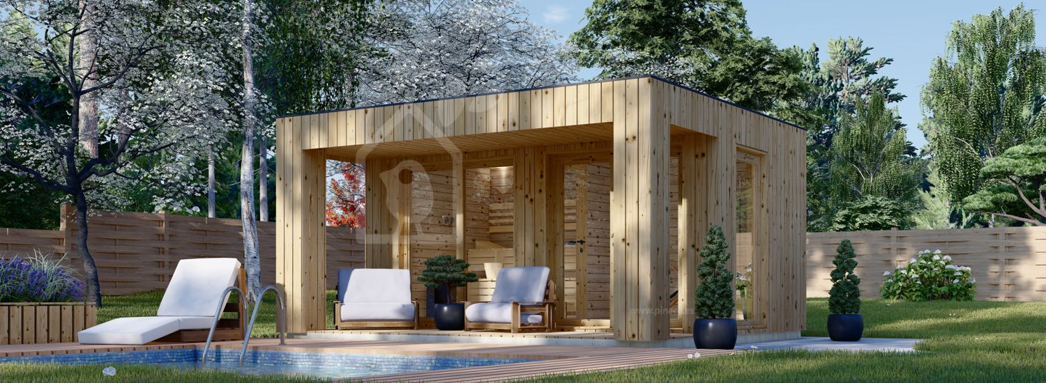 Buitensauna met kleedkamer DELLA (34 mm + gevelbekleding), 4,6 x 2,6 m, 9,3 m², terras 6,7 m² visualisatie 1