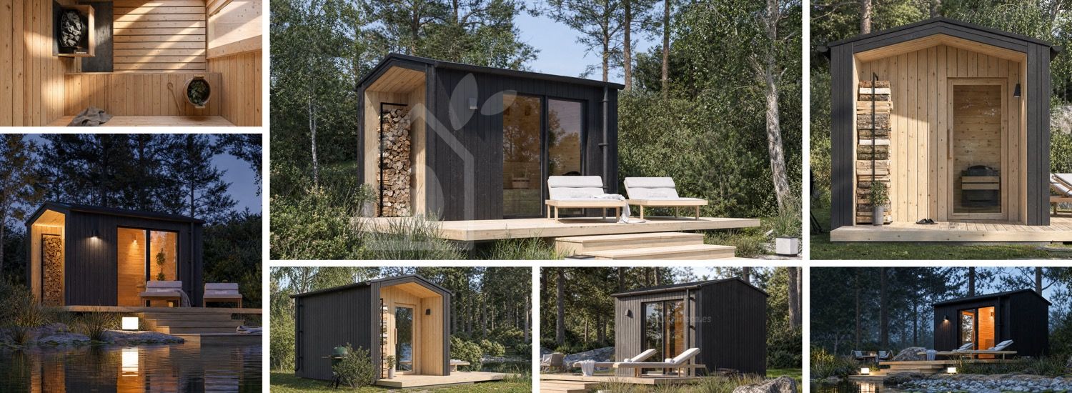 Houten sauna SERENE 1 met veranda (verbrand hout + natuurlijk grenen) – 3,3×2,5 m, 6,25 m² visualisatie 1