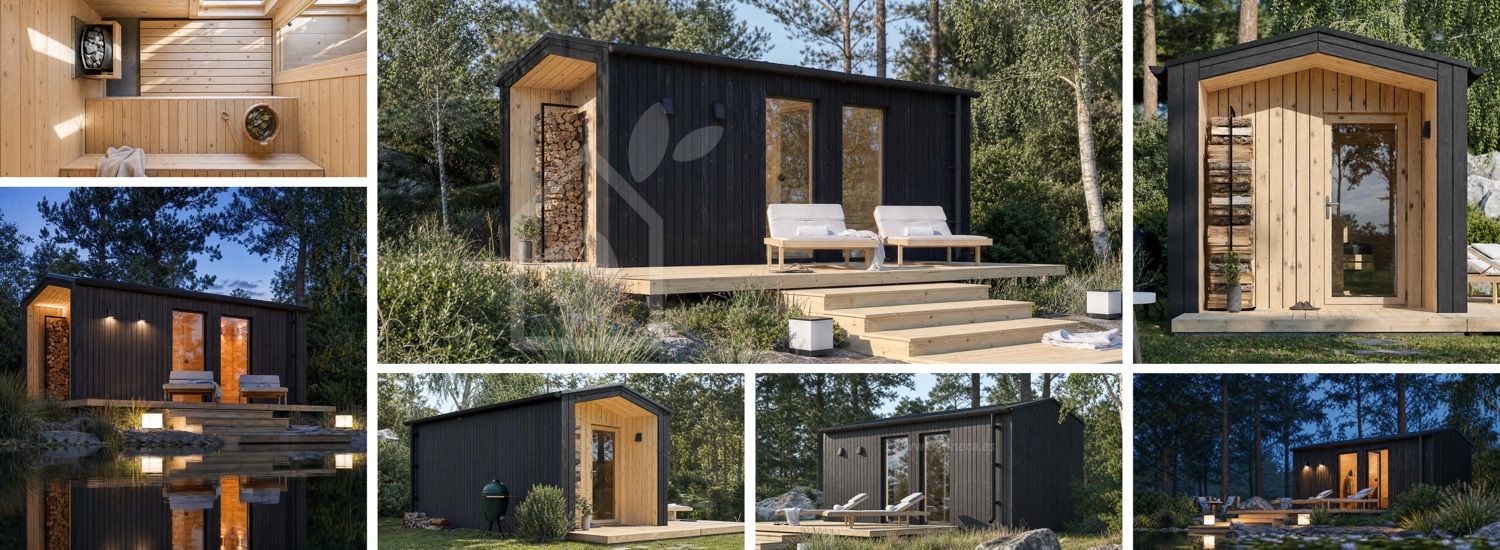 Houten sauna SERENE 3 met omkleedruimte & veranda (verbrand hout + natuurlijk grenen) – 5,3×2,5 m, 10,65 m² visualisatie 1