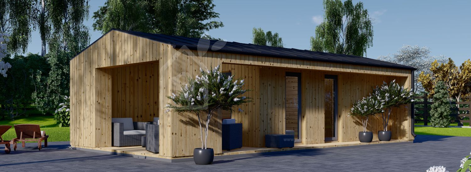 Prefab houten tuinhuis ANNA Modern (Geïsoleerd, 34 mm + gevelbekleding), 20 m² met 16 m² veranda visualisatie 1